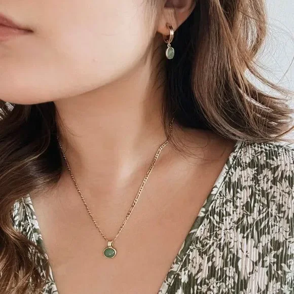 18K Gold Plated Natural Averturine Drop Earrings - Picture 8 of 10